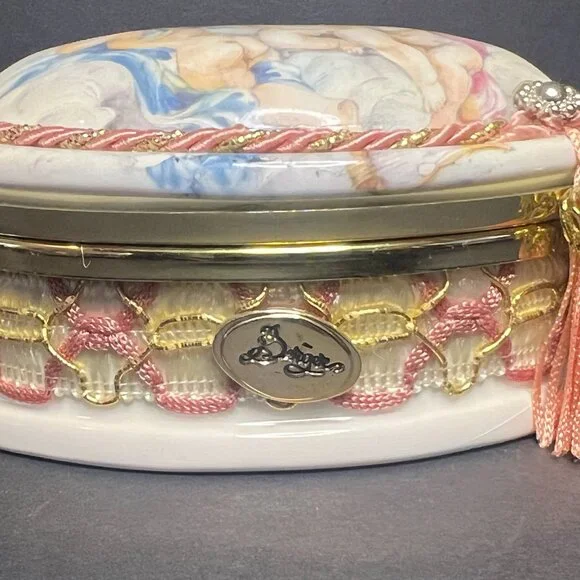 VTG MCM Berger Italian Porcelain Hinged Cherubs Angels Oval Trinket Box w Tassel - Picture 4 of 6